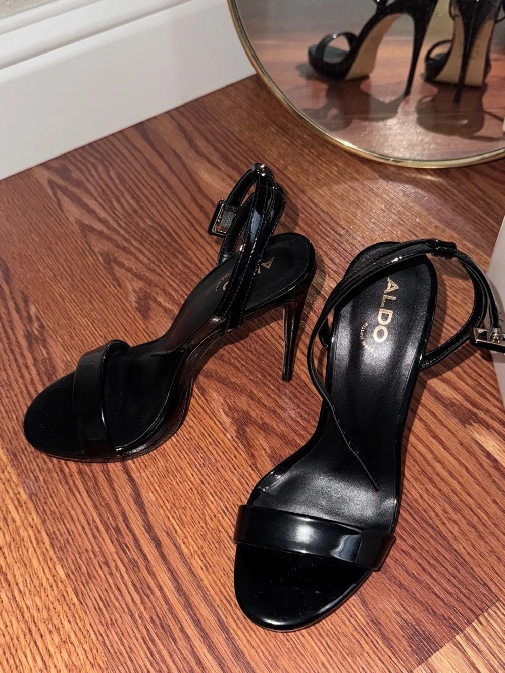 Aldo Black Patent Stiletto Sandals with Ankle Strap